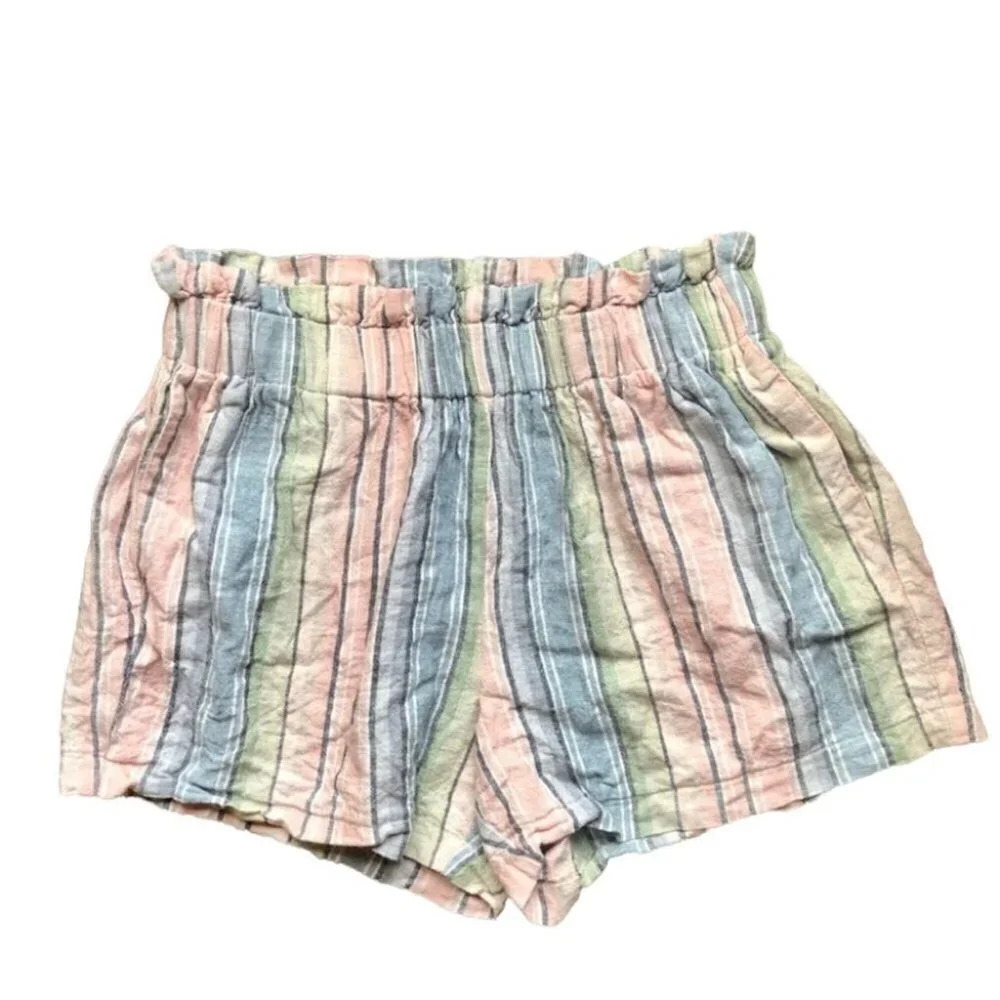 STS Blue Linen Blend Pastel Striped Elastic Waistband Shorts Size Small